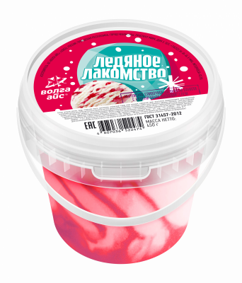 «ЛЕДЯНОЕ ЛАКОМСТВО» мороженое сливочное 8% ванильное с клубничным наполнителем  в пластиковом ведре 450г